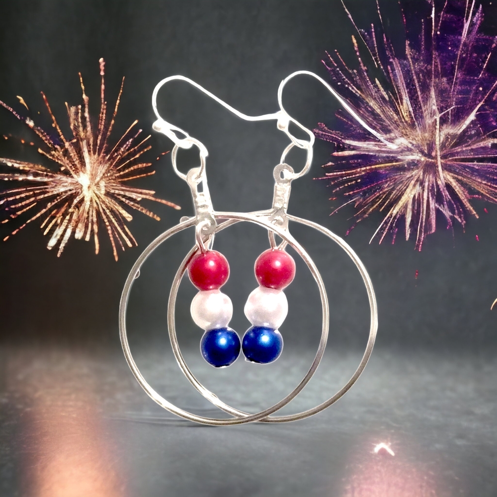 ⭐Silver Hoop w/Red, White, & Blue Pearls 1" Dangle Earrings, 4th of July Decor
